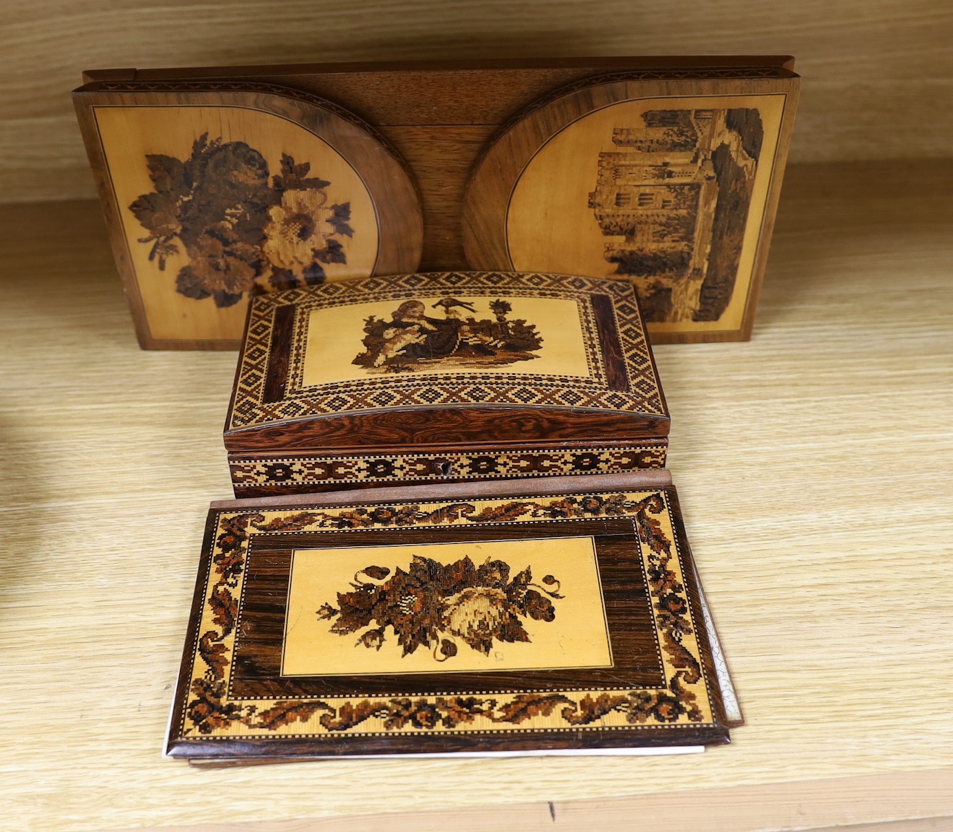 Three pieces of 19th century Tunbridge ware - blotter, a bookslide and a lidded box